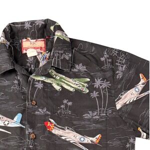RJC Robert J Clancey Hawaiian Shirt Mens Medium Black WWII Fighter Plane Cotton